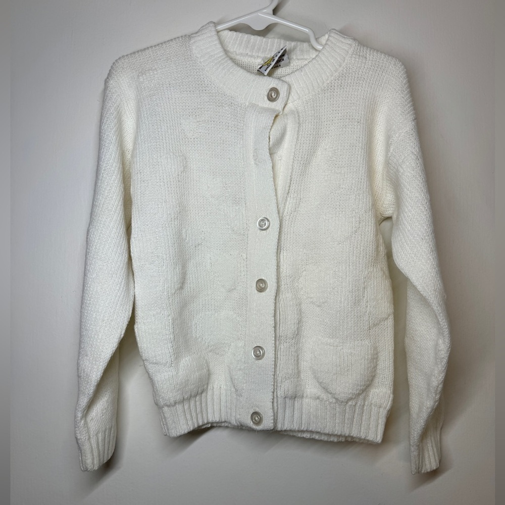 Vintage Hot Fudge Novelty Heart Knit Button Front White Cardigan Sweater Size 4